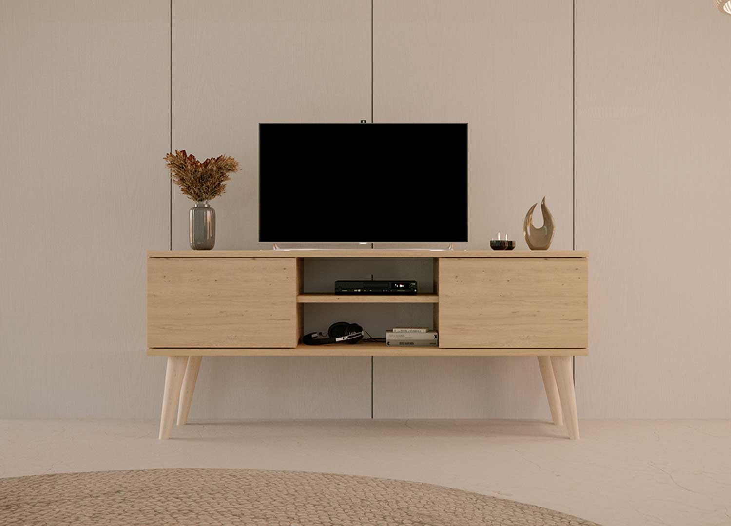 Meuble tv 120 cm 2 portes et 2 niches chêne artisan