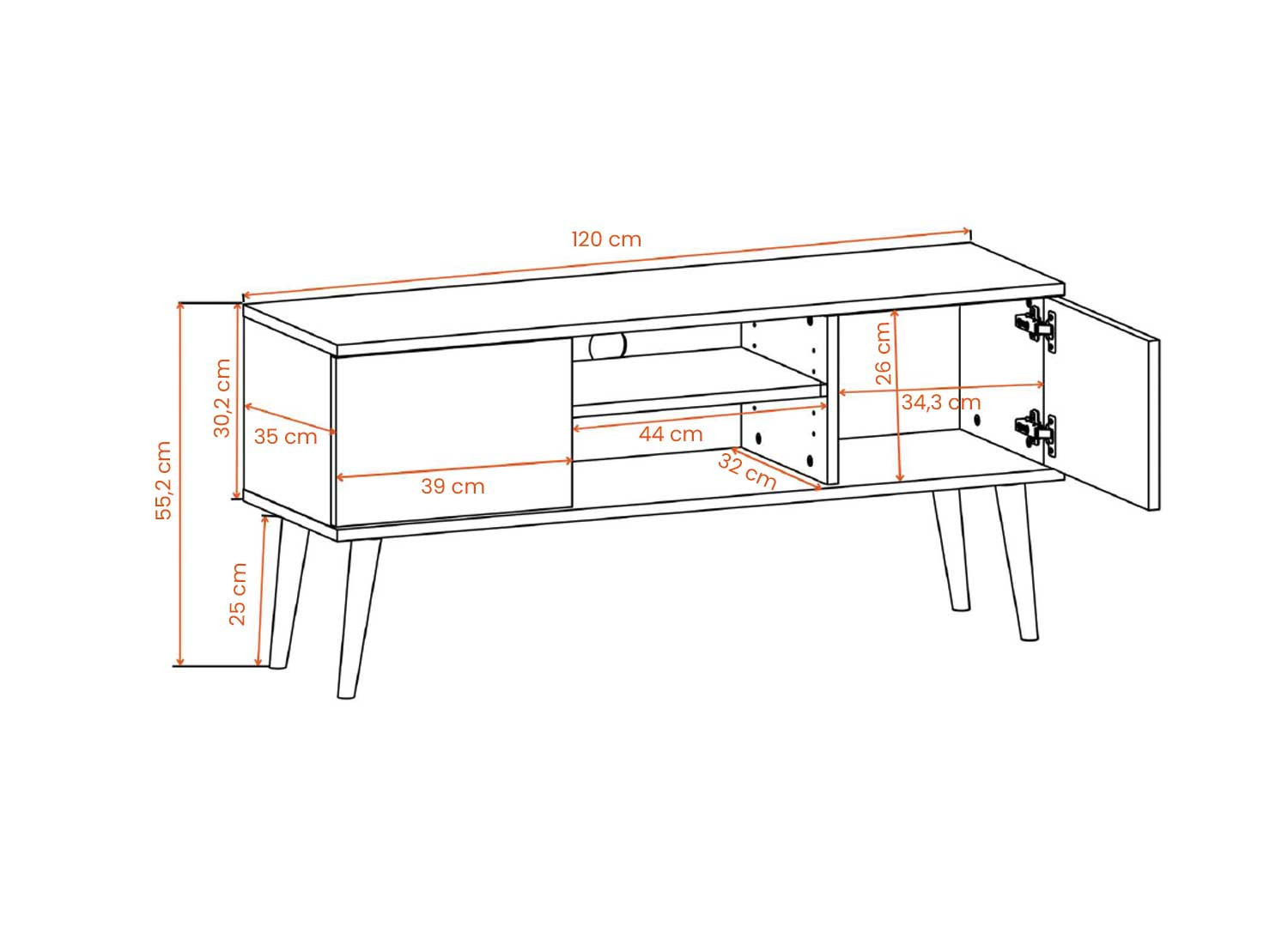 Meuble tv 120 cm 2 portes et 2 niches chêne artisan