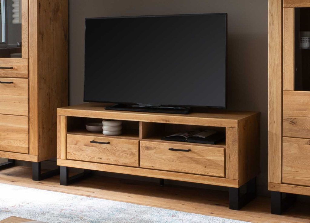 Meuble TV 2 niches et 2 tiroirs en bois chêne sauvage Jambo
