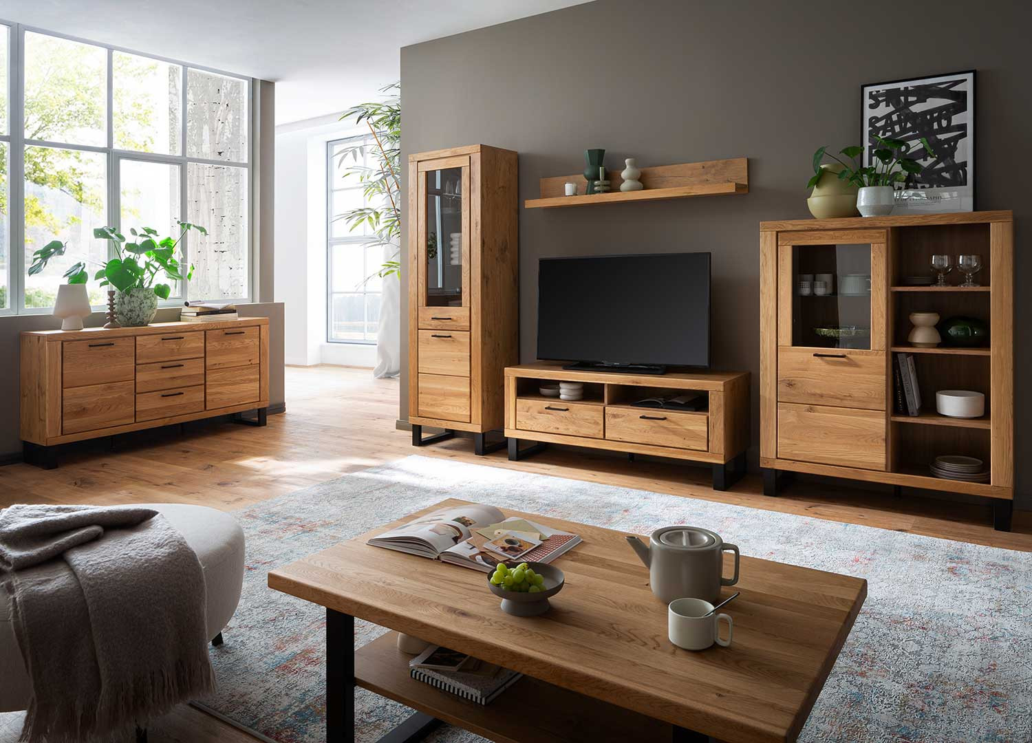 Meuble TV 2 niches et 2 tiroirs en bois chêne sauvage Jambo