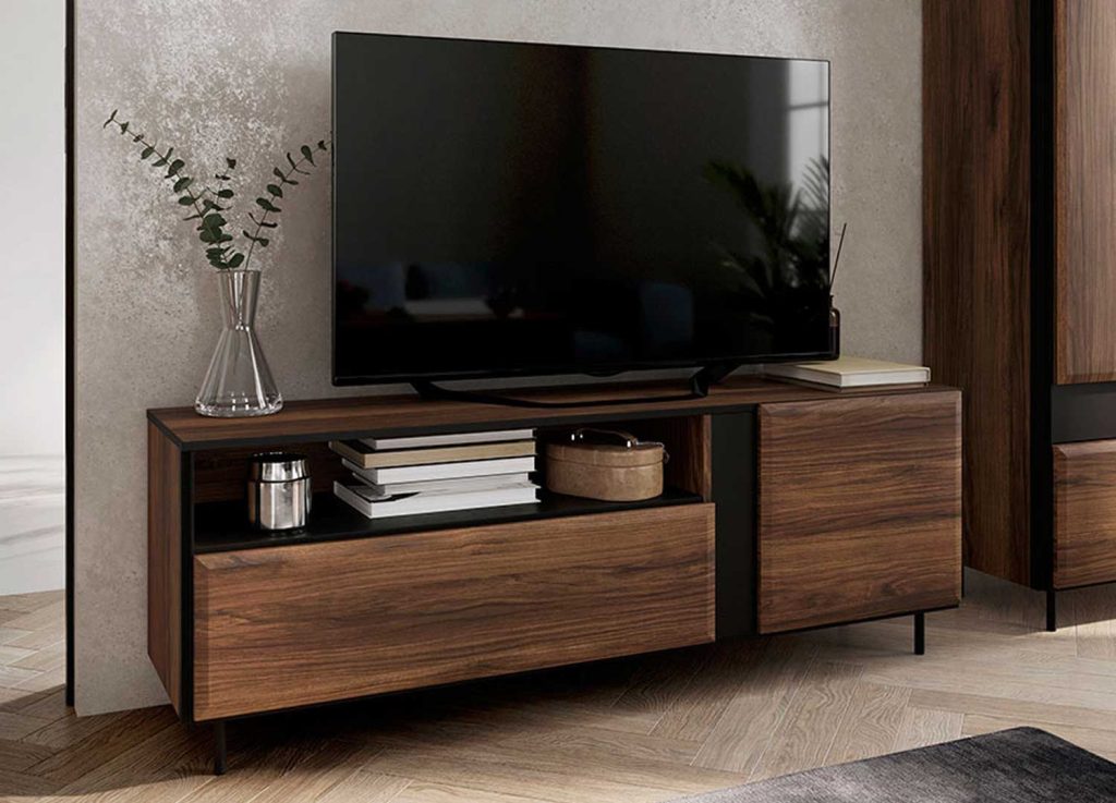 Meuble TV 2 portes et 1 niche chêne foncé et noir 155 cm