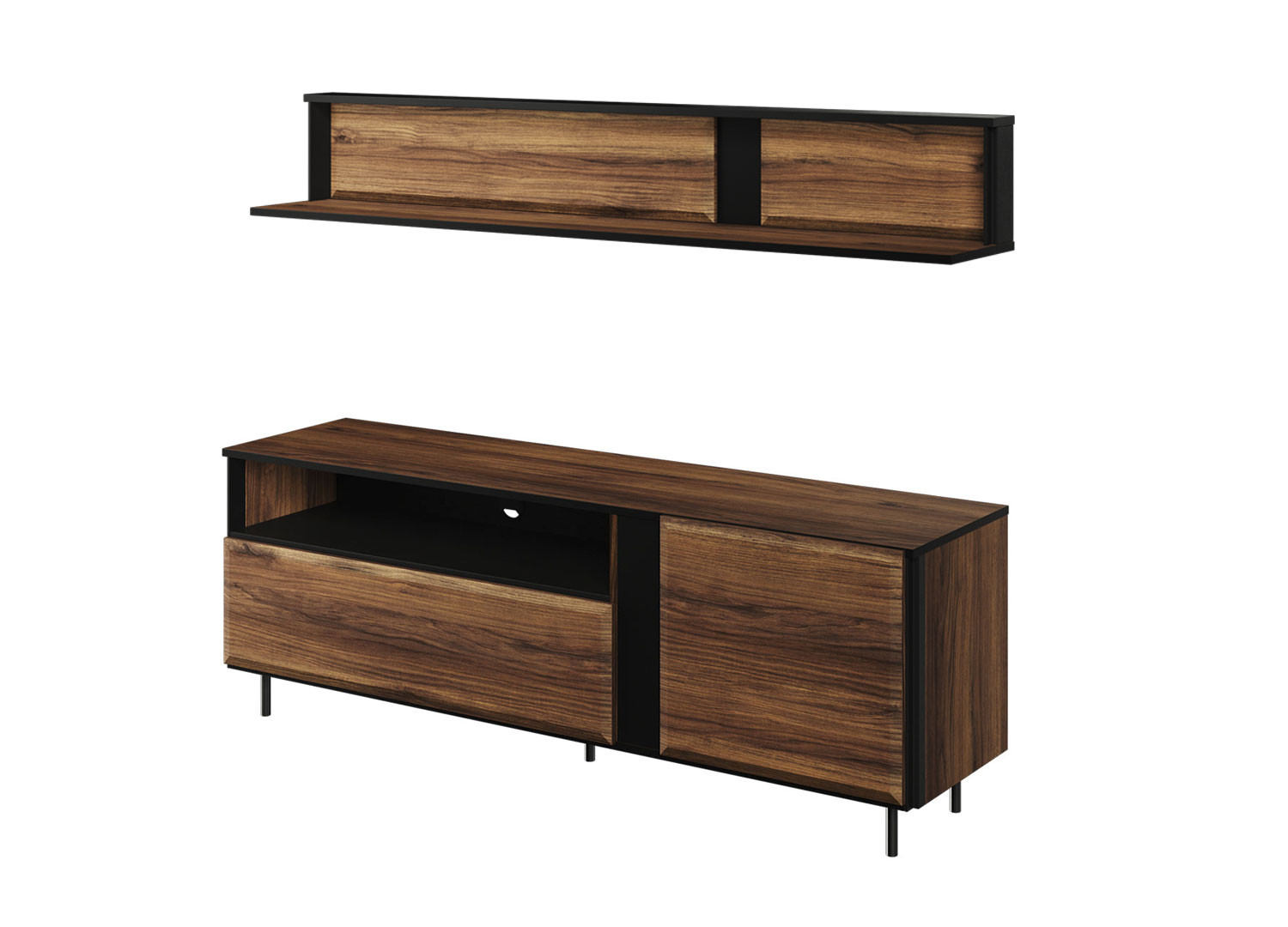 Meuble TV 2 portes et 1 niche chêne foncé et noir 155 cm