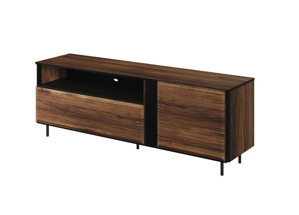 Meuble TV 2 portes et 1 niche chêne foncé et noir 155 cm