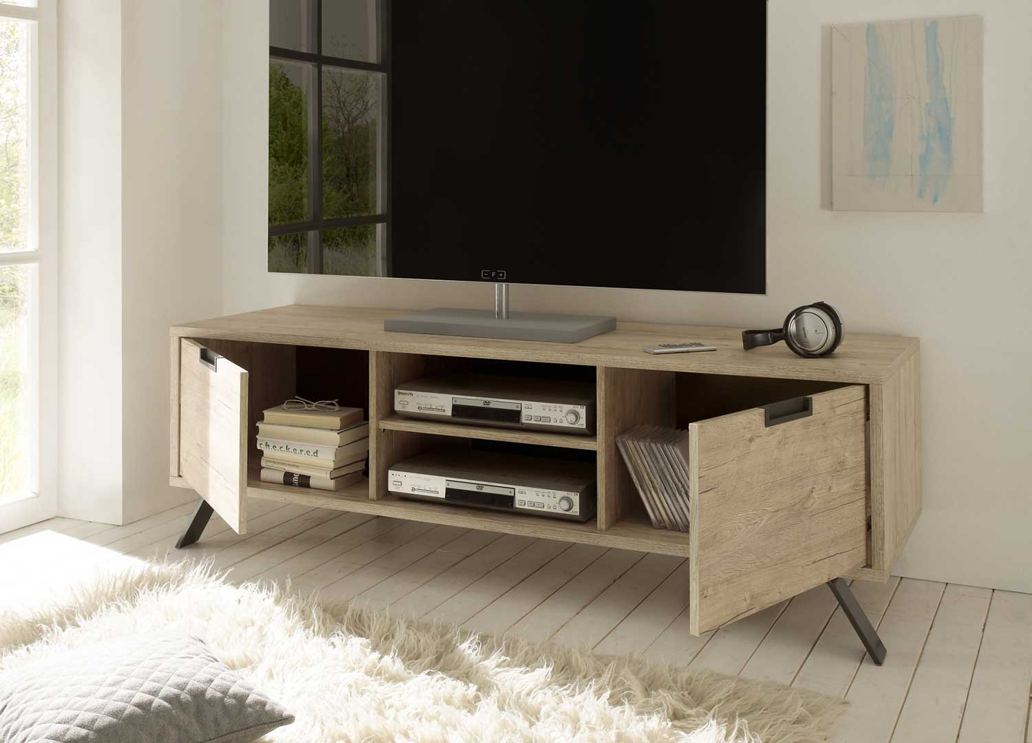 Meuble tv 2 portes et 2 niches chêne 156 cm