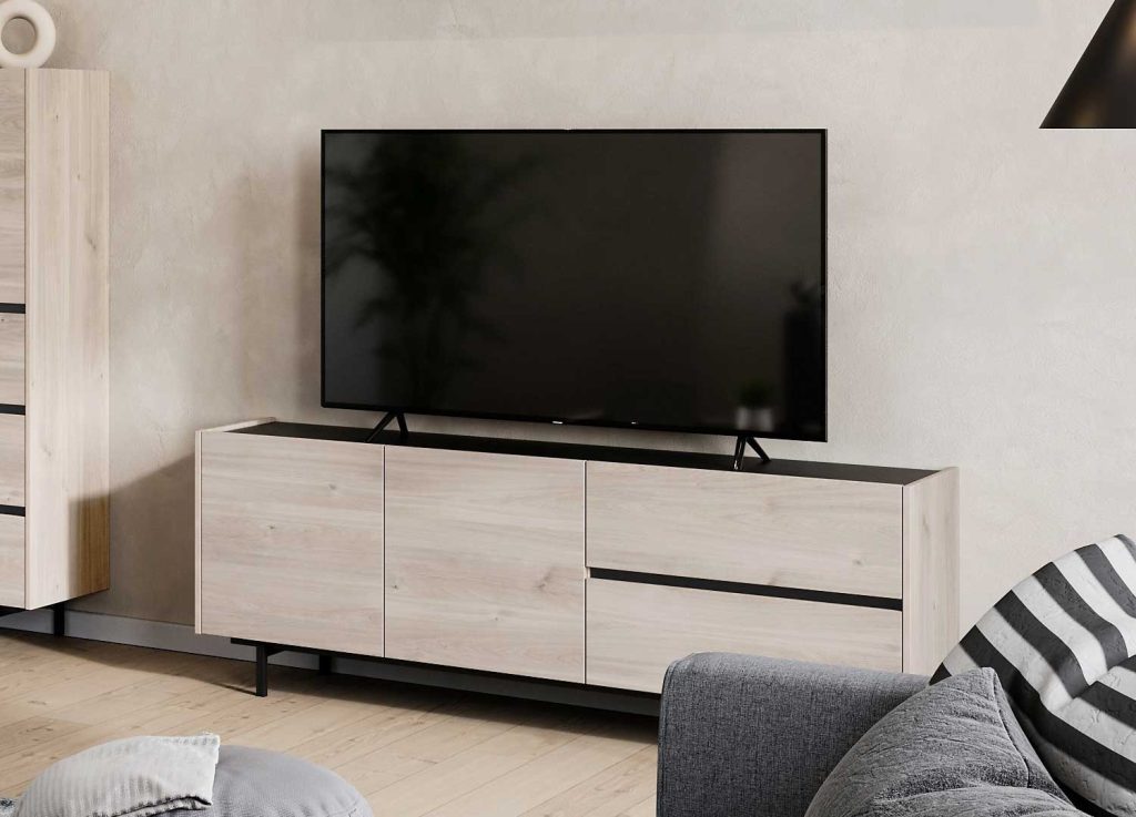 Meuble tv 2 portes et 2 tiroirs chêne et noir