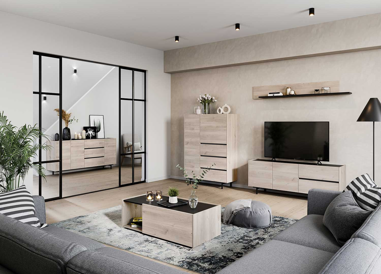 Meuble tv 2 portes et 2 tiroirs chêne et noir
