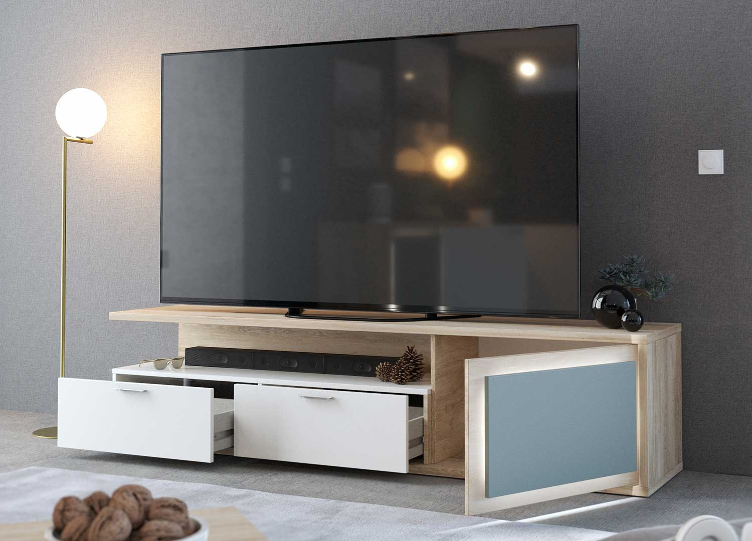 Meuble TV 2 tiroirs et 1 porte 200 cm à LED Elska