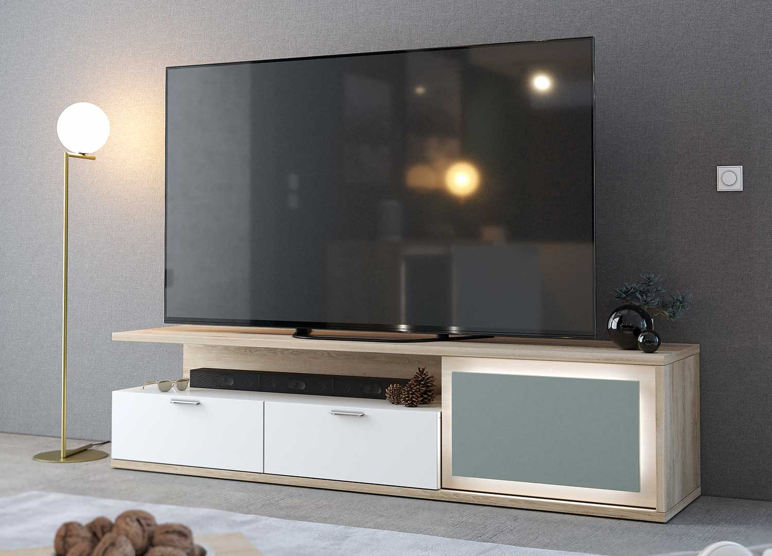 Meuble TV 2 tiroirs et 1 porte 200 cm à LED Elska