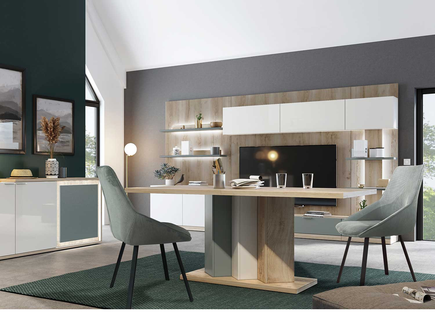 Meuble TV 2 tiroirs et 1 porte 200 cm à LED Elska