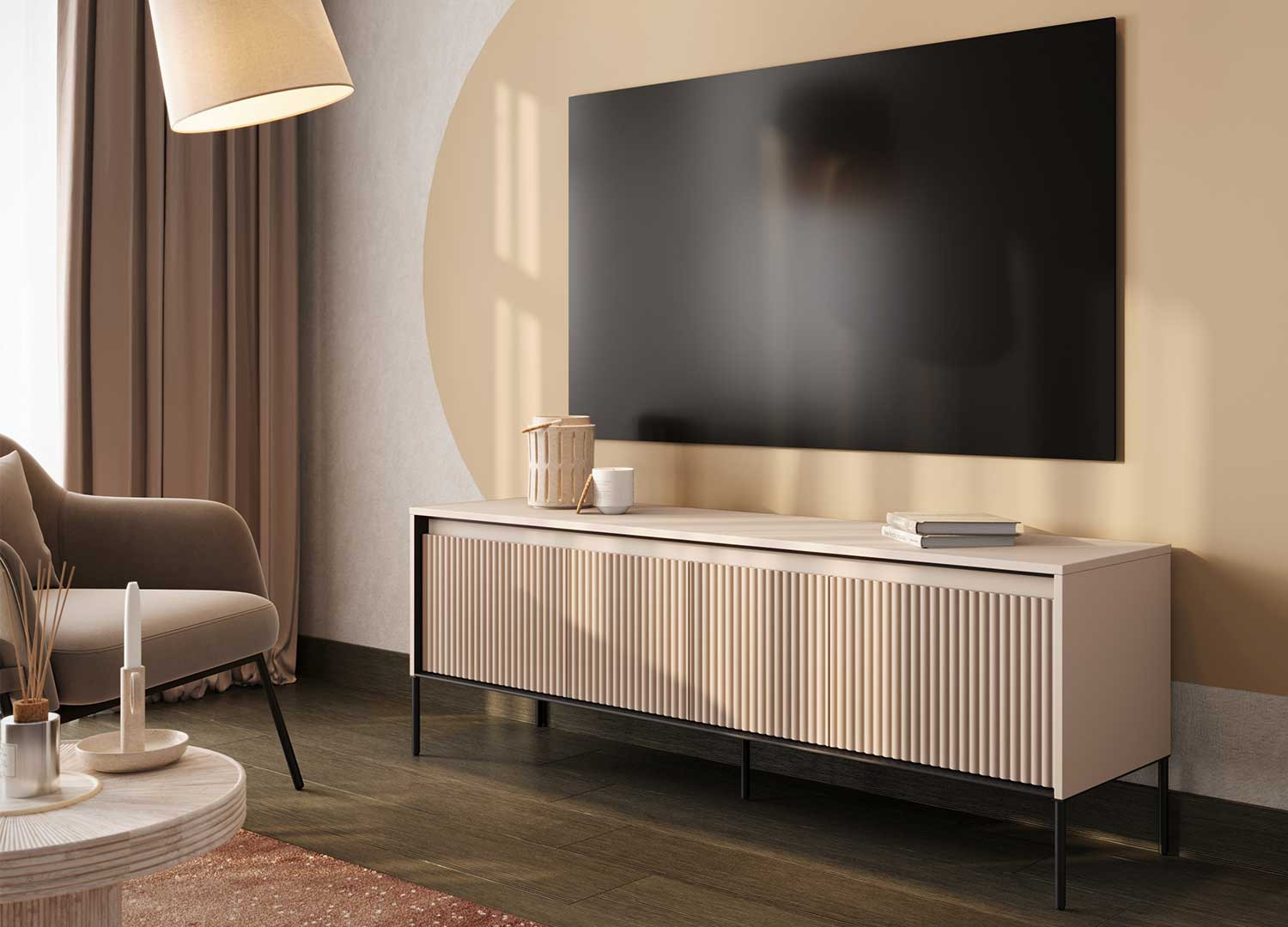 Meuble TV 4 portes beige sable 167 cm