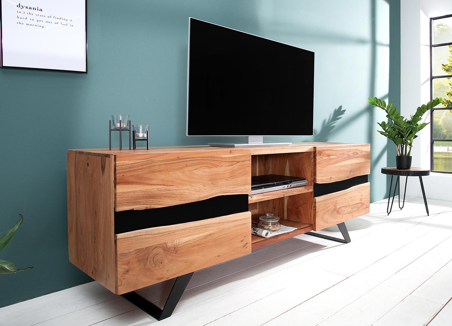 Meuble TV acacia massif et métal 160 cm