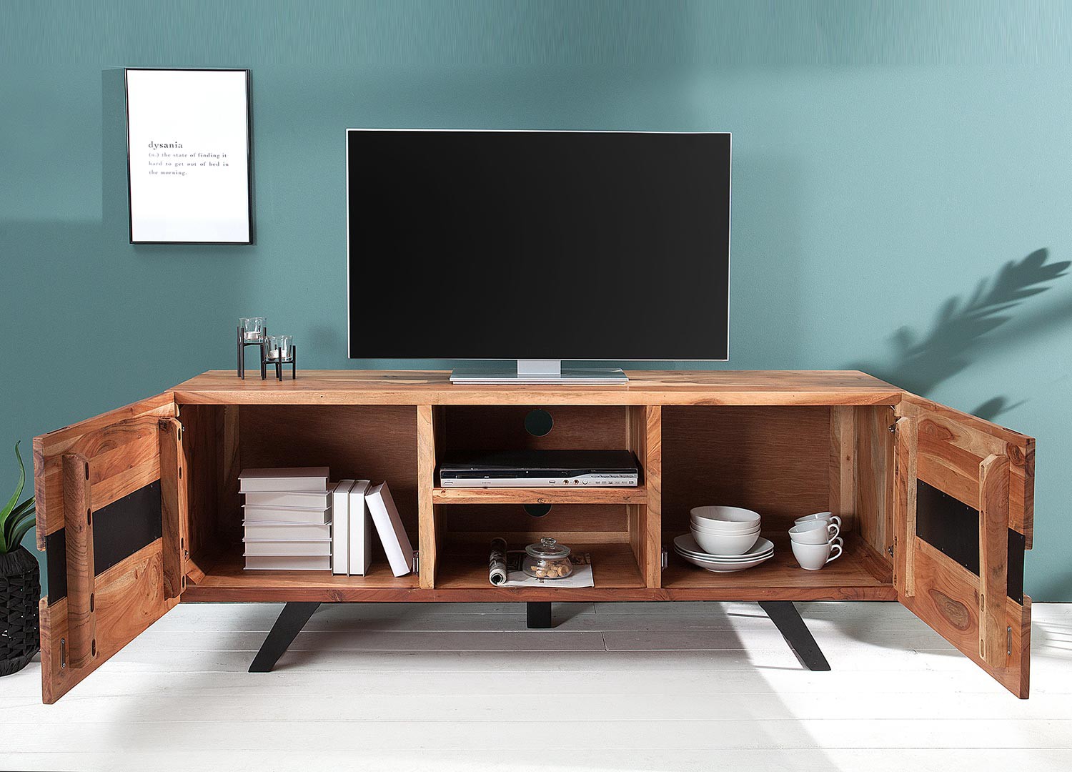 Meuble TV acacia massif et métal 160 cm