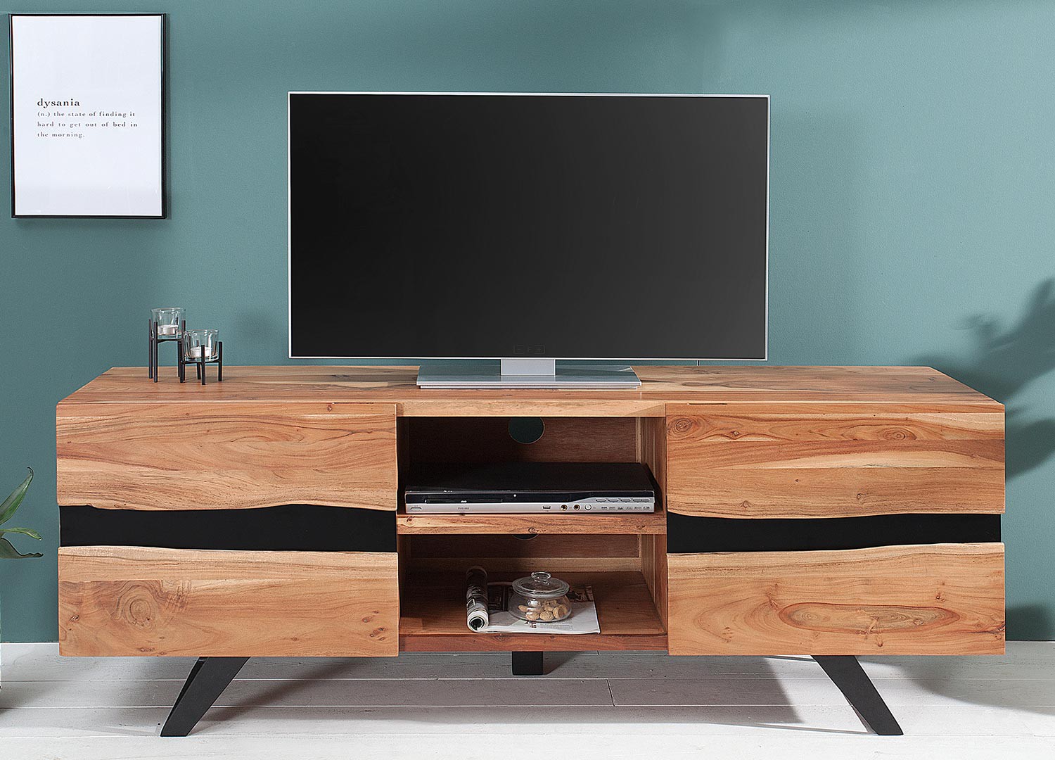Meuble TV acacia massif et métal 160 cm