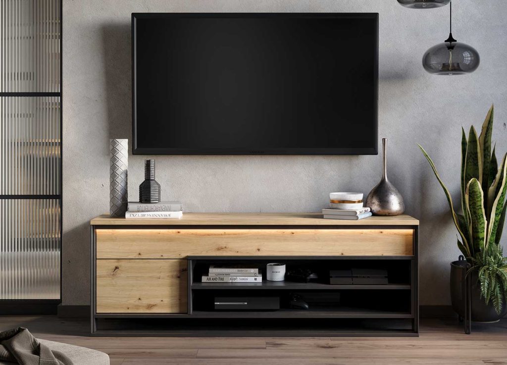Meuble TV avec rangements à LED chêne artisan et noir Edge