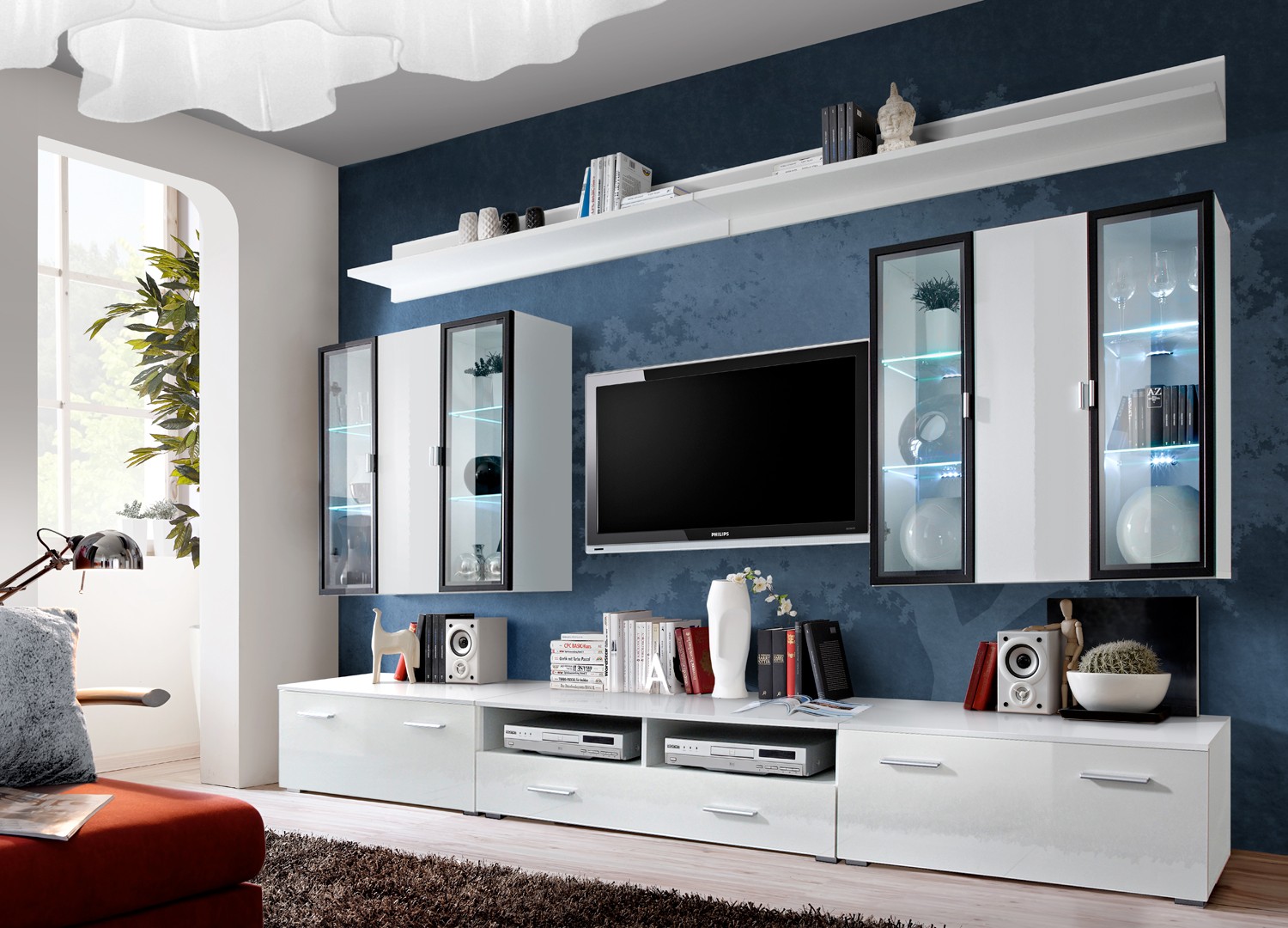 Meuble TV avec Vitrine Murale et Éclairage Led
