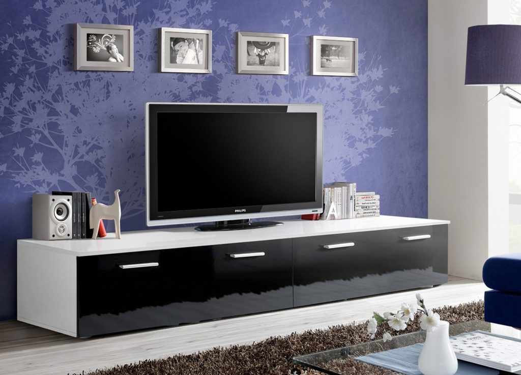Meuble TV Bas Long Blanc et Noir Laqué