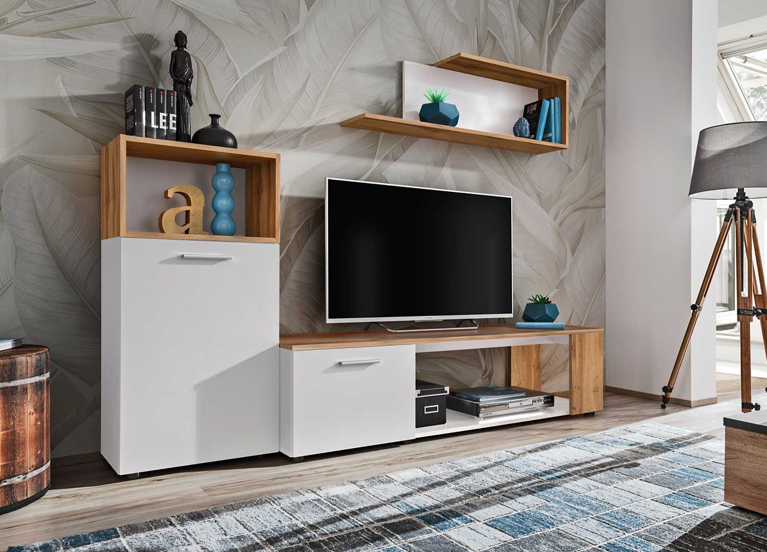 Meuble tv blanc et bois 2m avec rangements