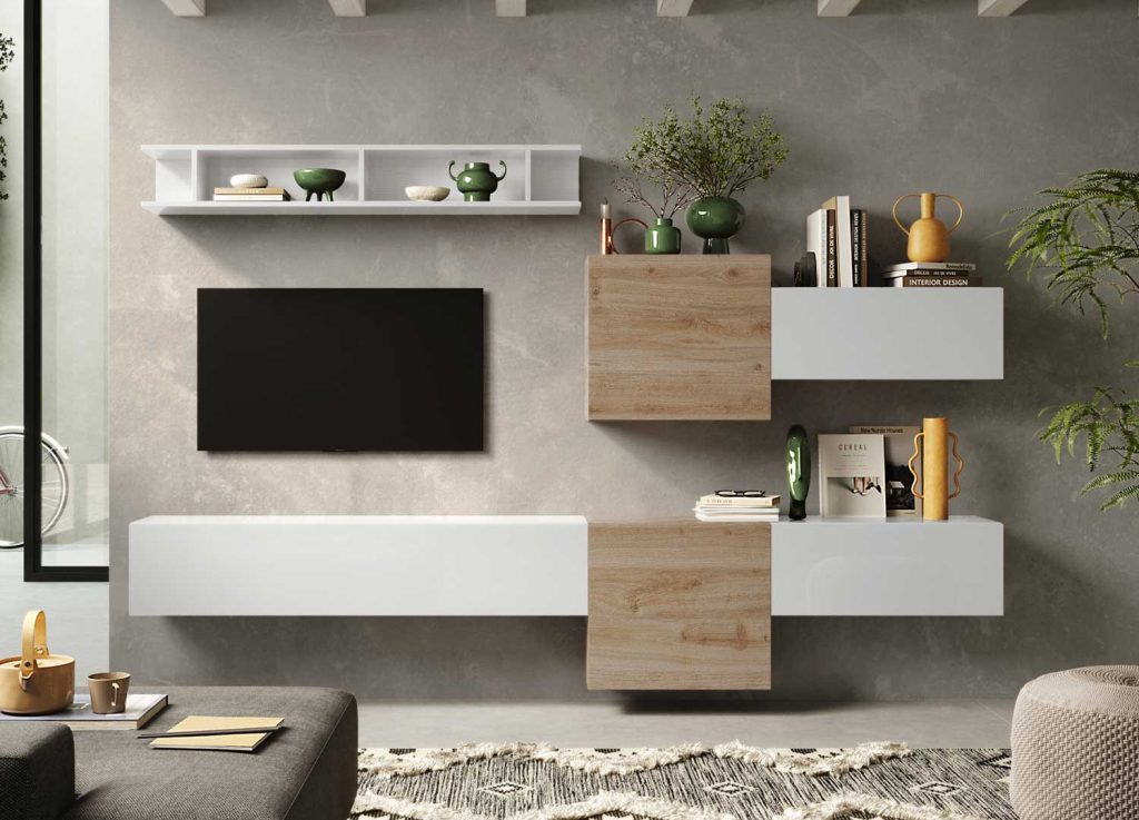 Meuble tv blanc et bois suspendu 262 cm