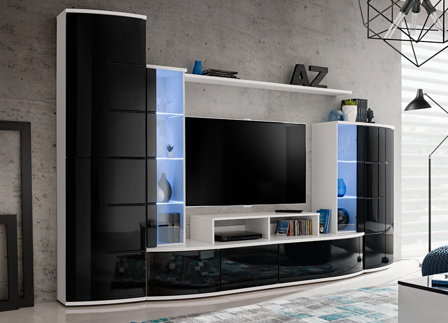Meuble TV Blanc et Noir Laqué Lumineux