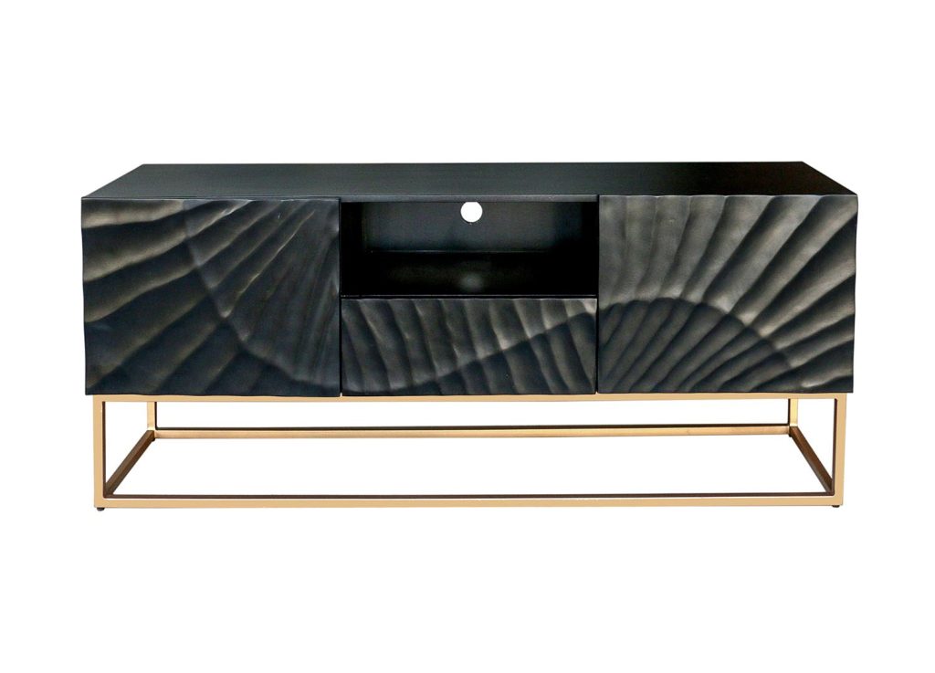 Meuble tv bois de manguier sculpture en 3D et pied métal doré 160 cm