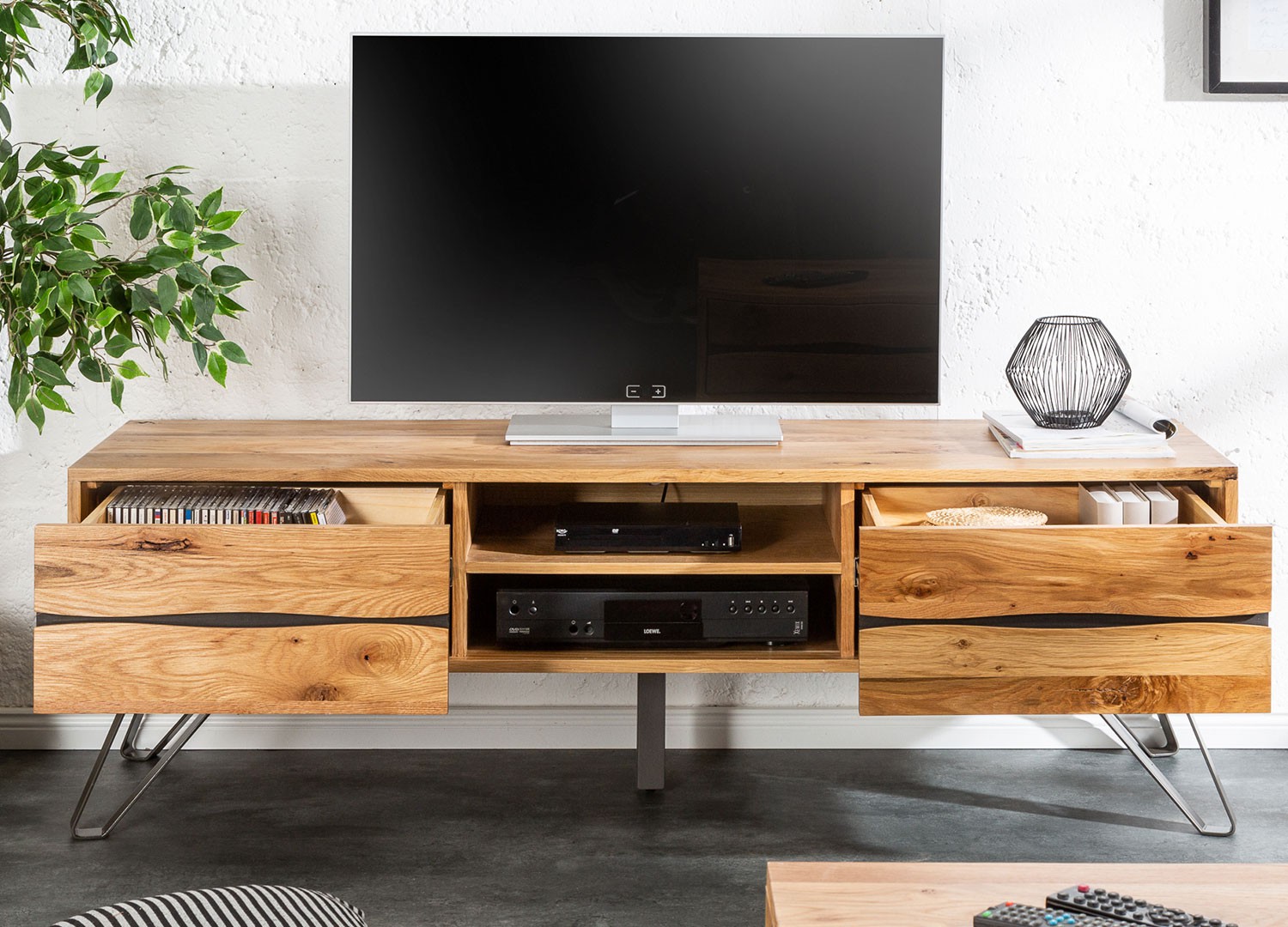 Meuble tv en bois massif et pied métal 160 cm