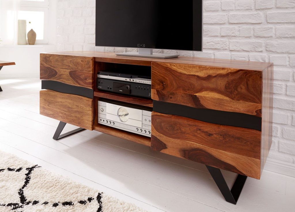 Meuble tv bois massif sesham et pieds métal 160 cm