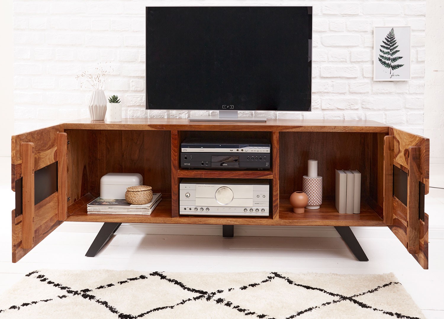 Meuble tv bois massif sesham et pieds métal 160 cm