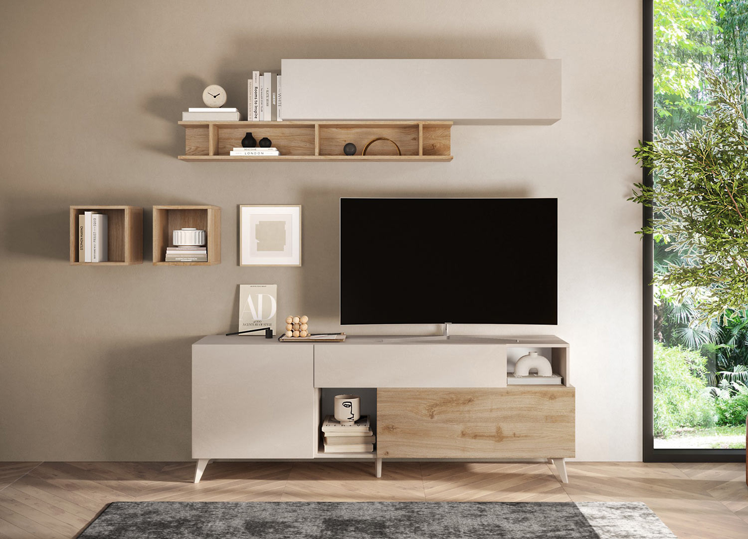 Meuble tv contemporain 181 cm cashmere et chêne