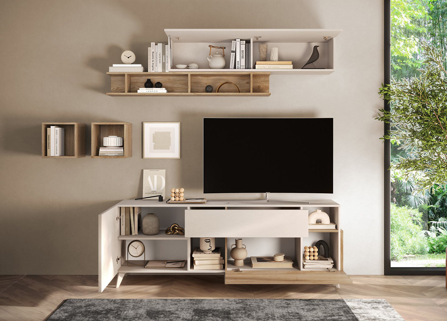 Meuble tv contemporain 181 cm cashmere et chêne