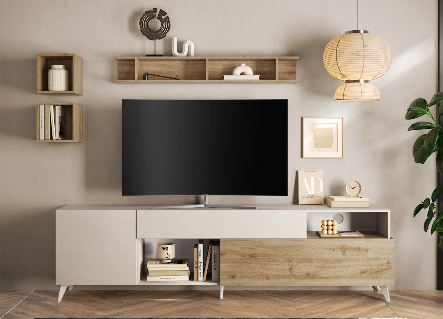 Meuble tv contemporain 2m41 cashmere et chêne