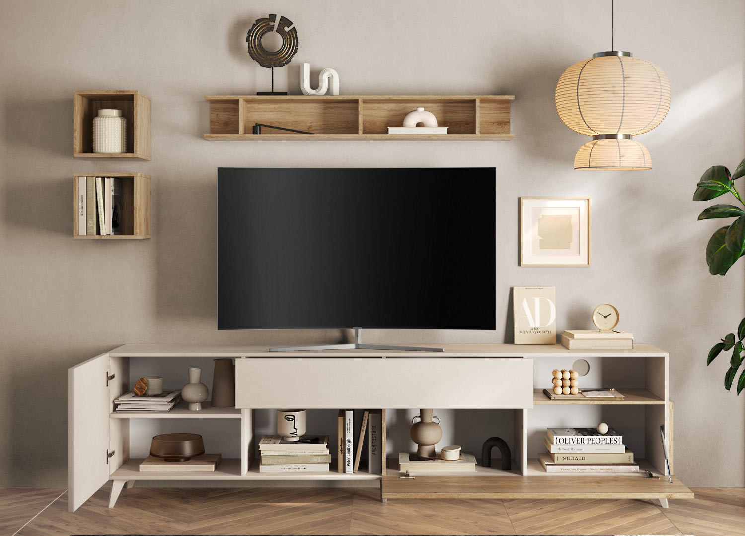 Meuble tv contemporain 2m41 cashmere et chêne