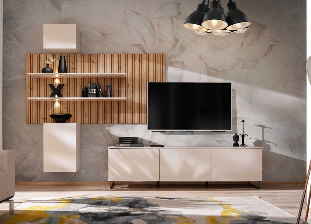 Meuble tv de salon moderne cachemire et chêne Gusto