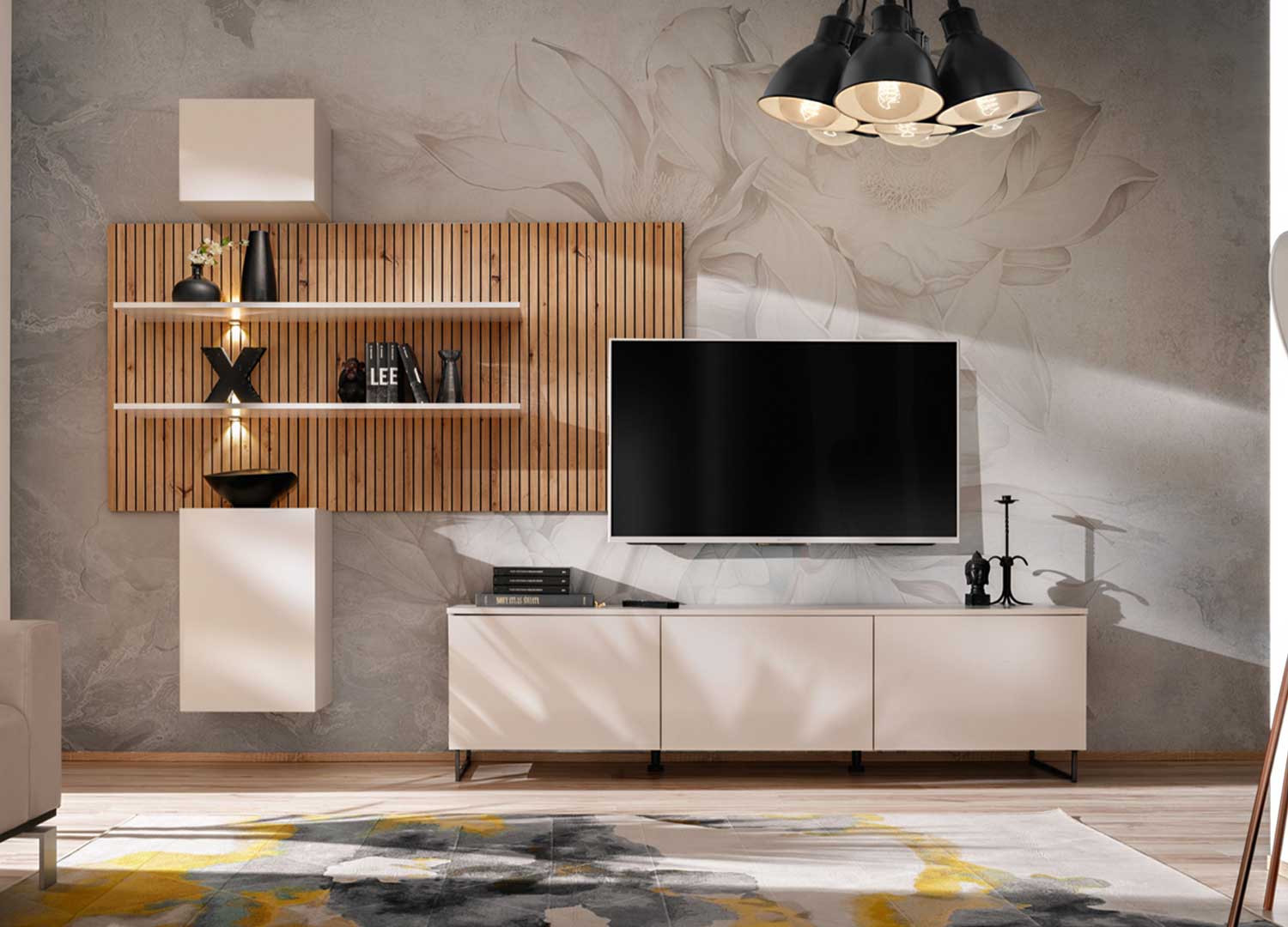 Meuble tv de salon moderne cachemire et chêne Gusto