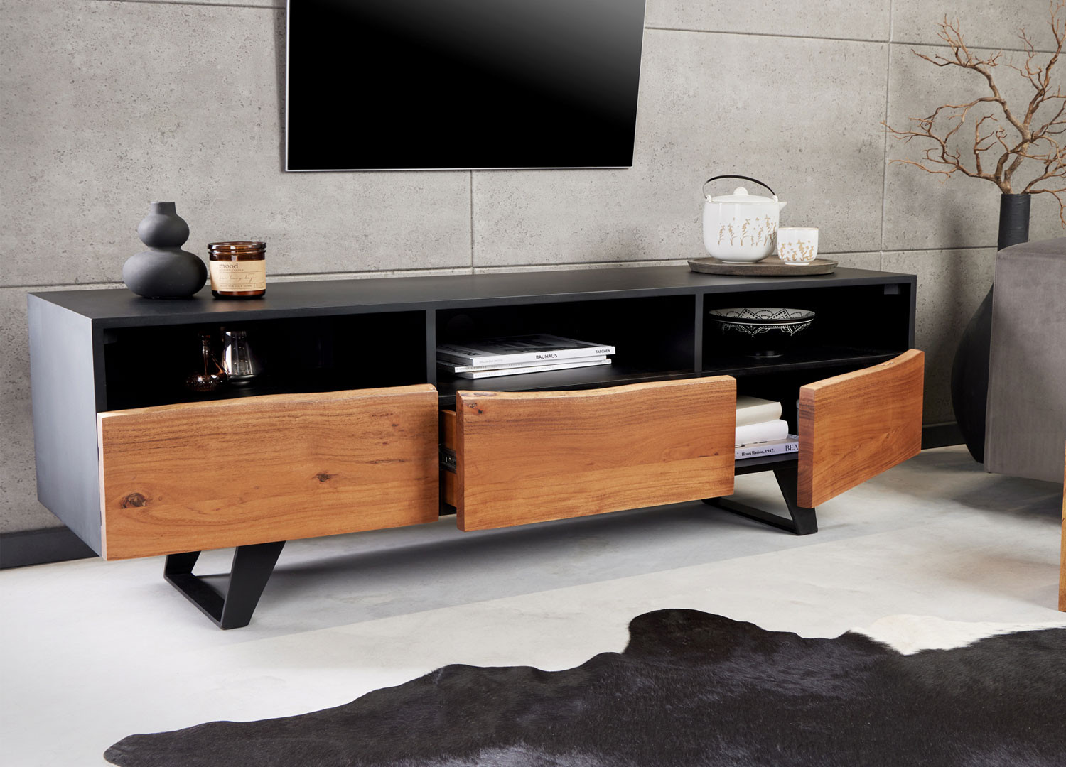 Meuble TV design 2 portes, 1 tiroir et 3 compartiments