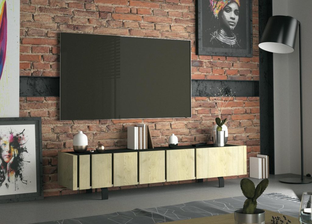Meuble tv design 3 portes chêne et décor noir