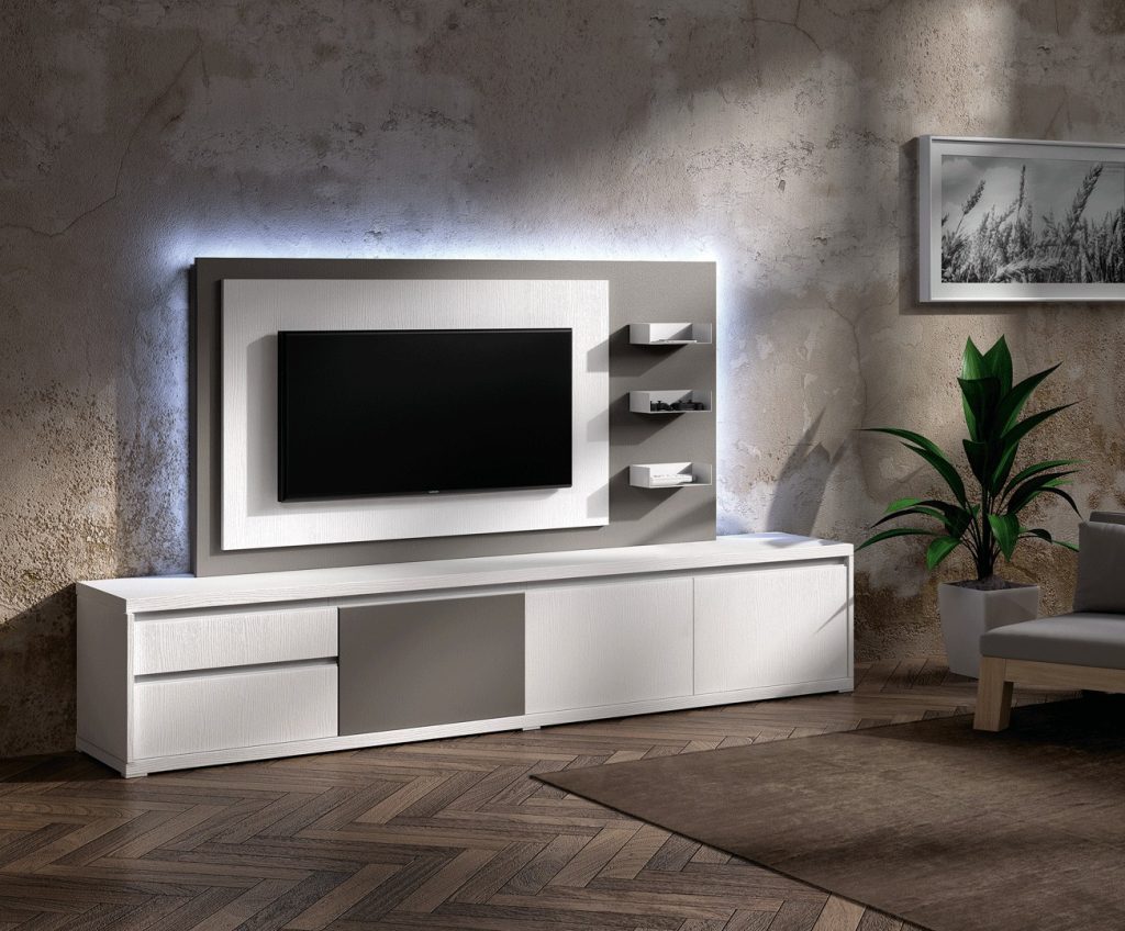 Meuble TV Design blanc avec panneau TV gris brun NORA K47