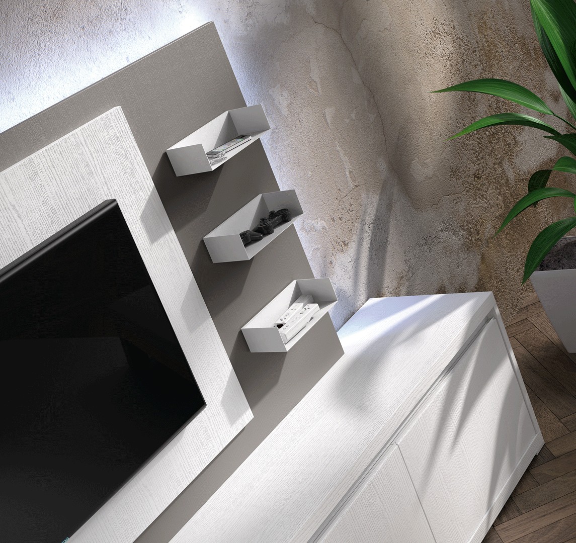 Meuble TV Design blanc avec panneau TV gris brun NORA K47