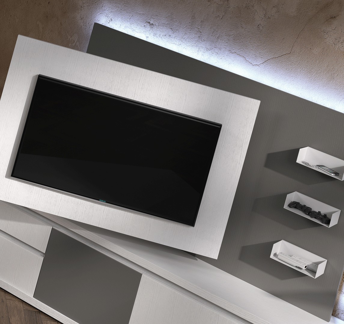 Meuble TV Design blanc avec panneau TV gris brun NORA K47