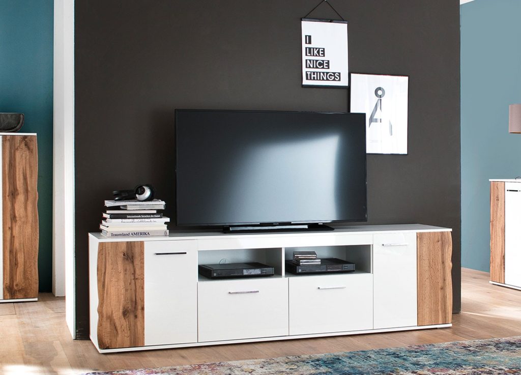 Meuble TV design blanc et bois 2 portes et 2 tiroirs 2m03