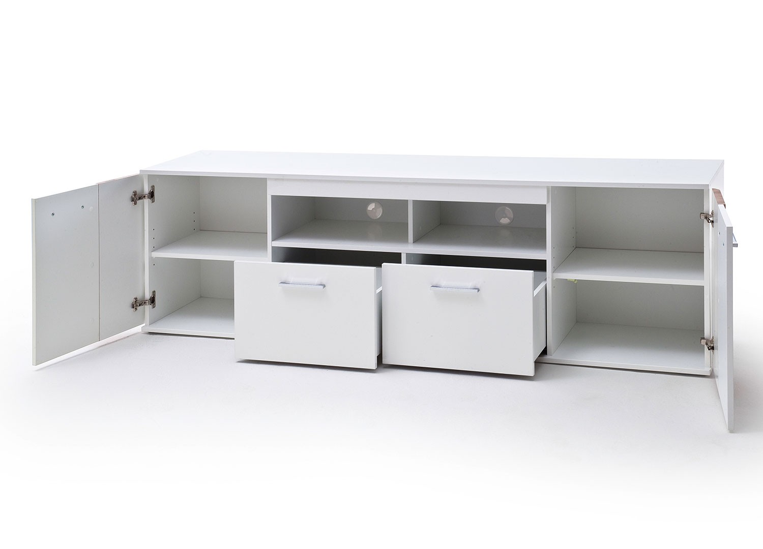 Meuble TV design blanc et bois 2 portes et 2 tiroirs 2m03