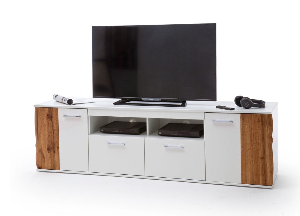 Meuble TV design blanc et bois 2 portes et 2 tiroirs 2m03
