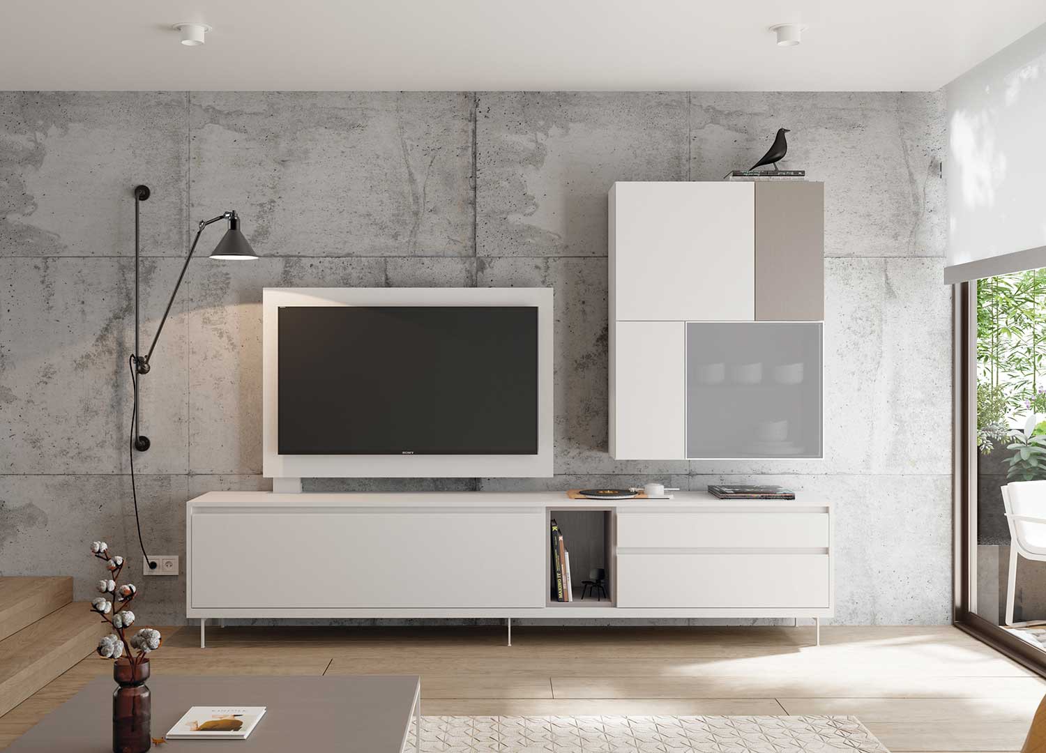 Meuble tv design blanc et gris avec panneau tv pivotant