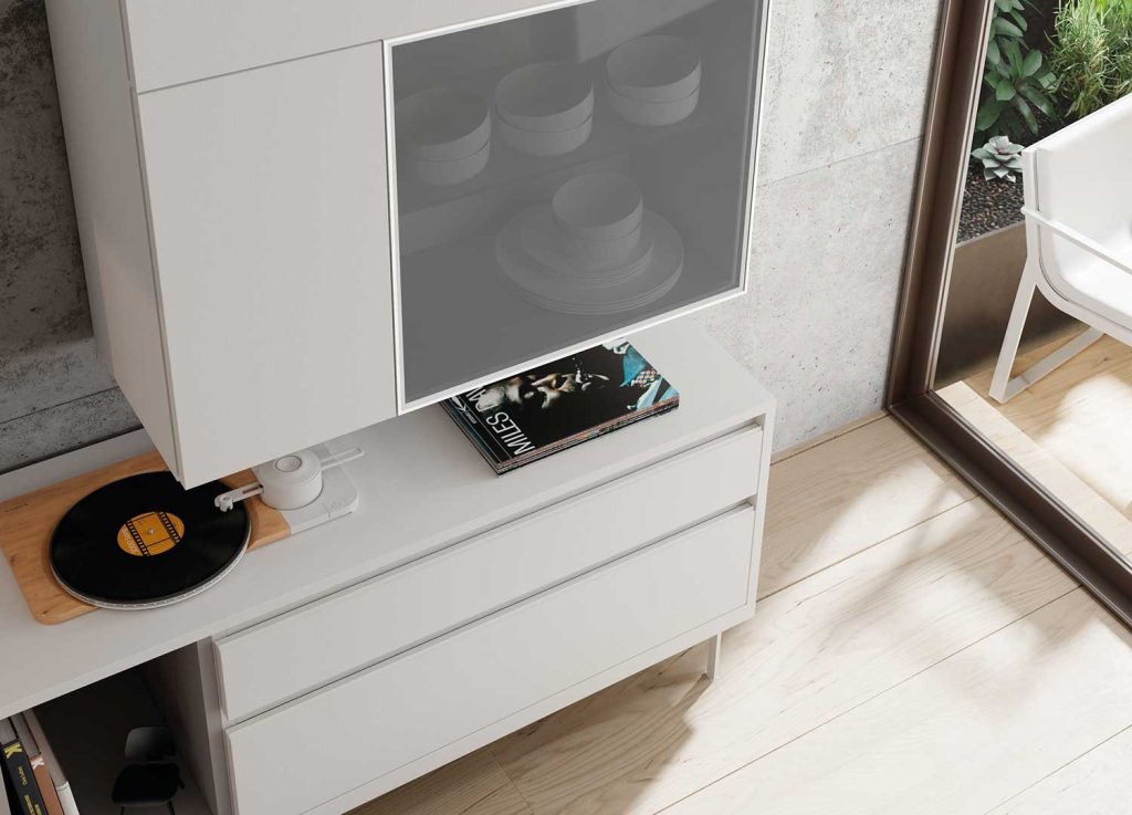 Meuble tv design blanc et gris avec panneau tv pivotant