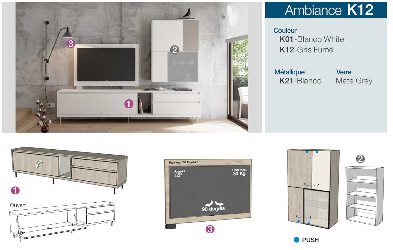 Meuble tv design blanc et gris avec panneau tv pivotant