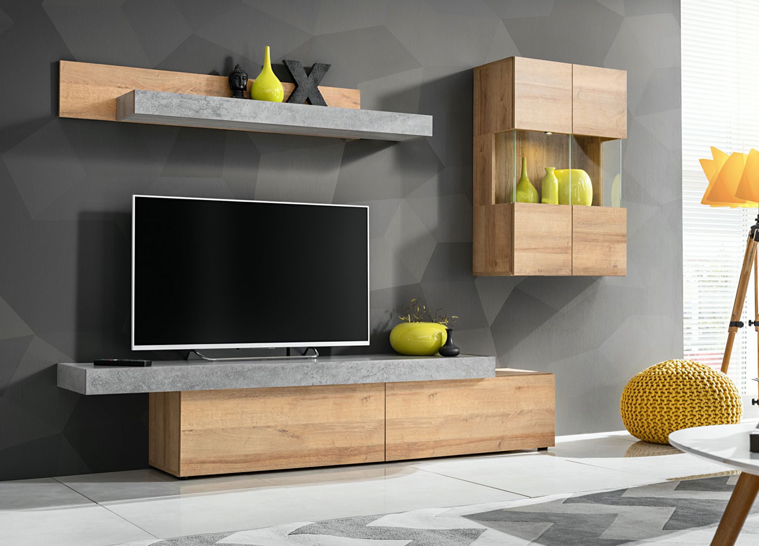 Meuble tv design bois et béton 2m50