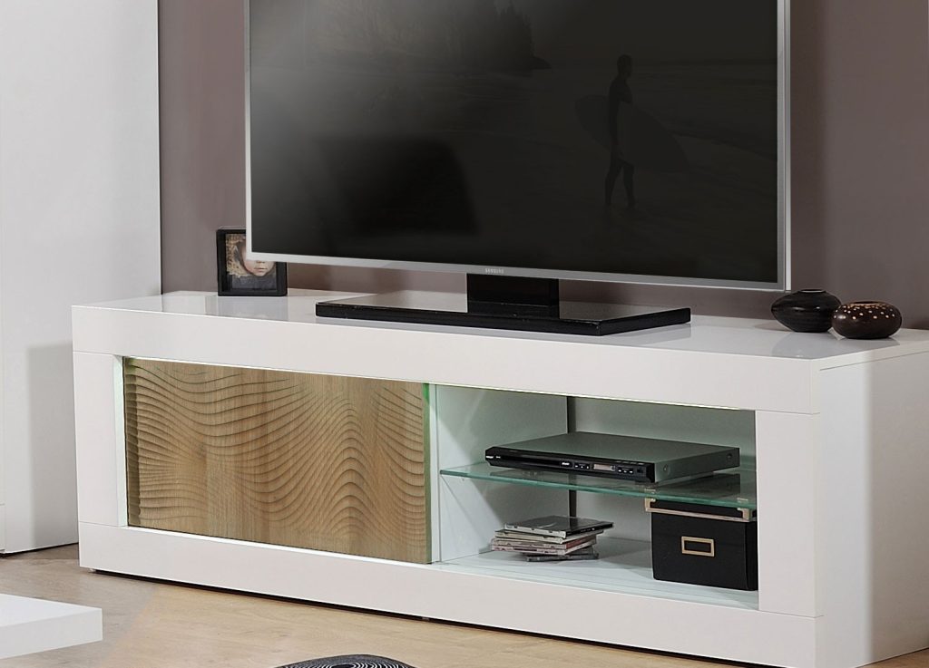 Meuble tv design chêne clair et blanc laqué à led