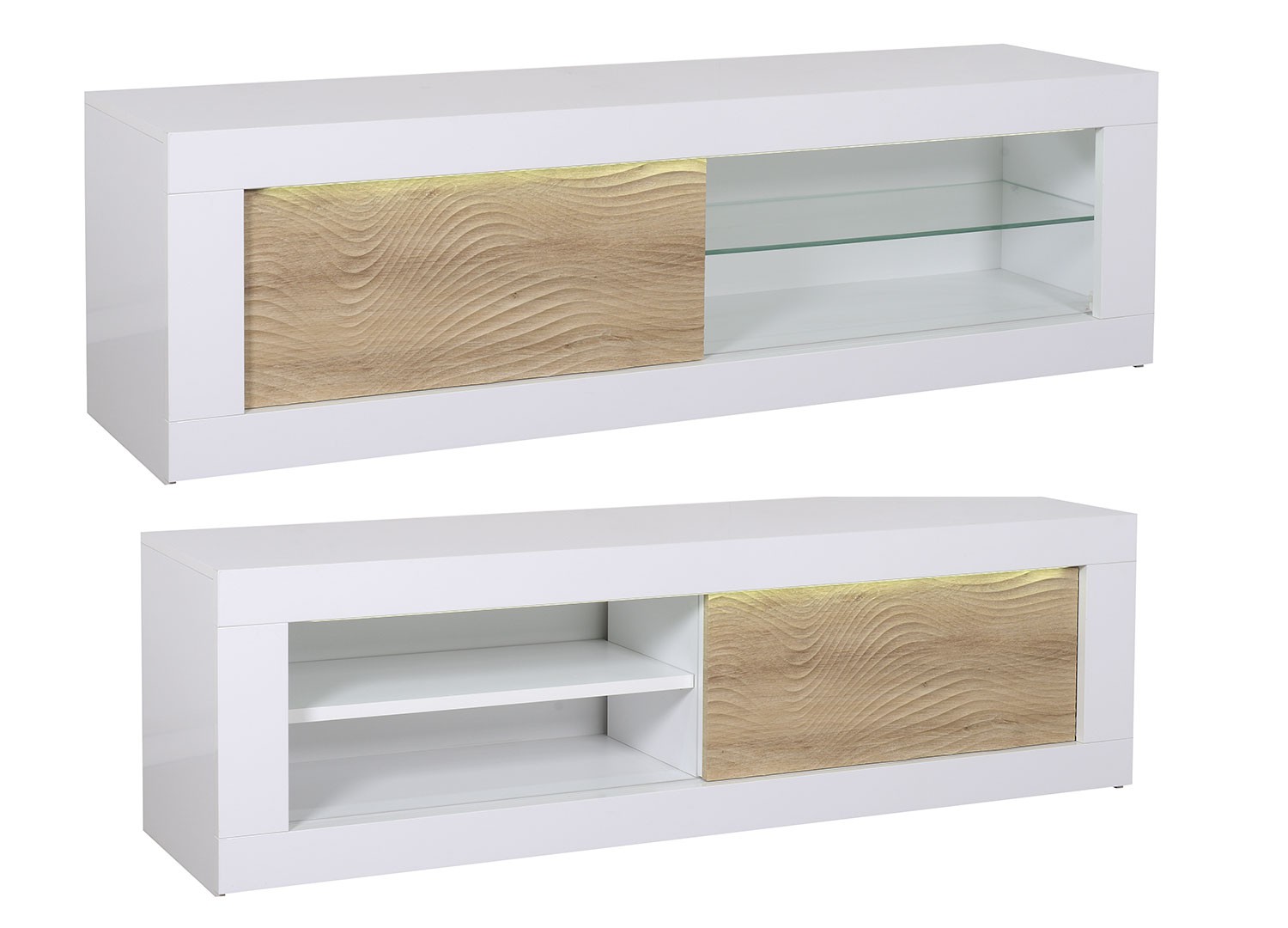 Meuble tv design chêne clair et blanc laqué à led