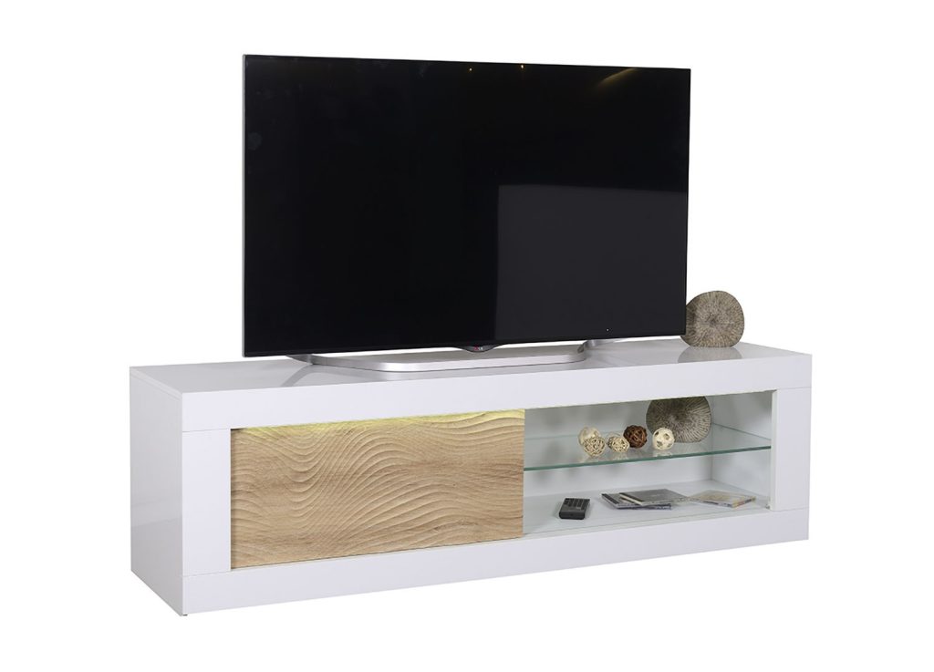 Meuble tv design chêne clair et blanc laqué à led