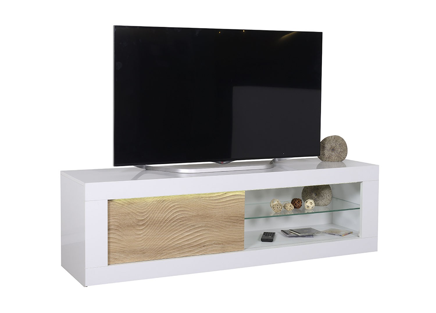 Meuble tv design chêne clair et blanc laqué à led
