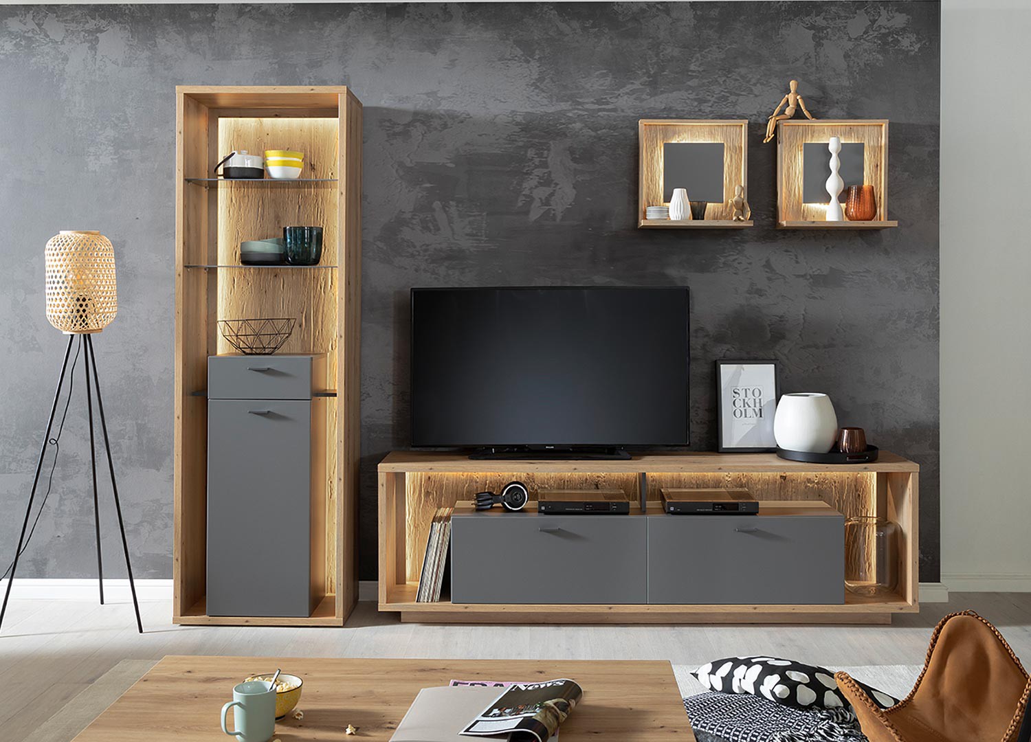 Meuble TV design gris et chêne poutre